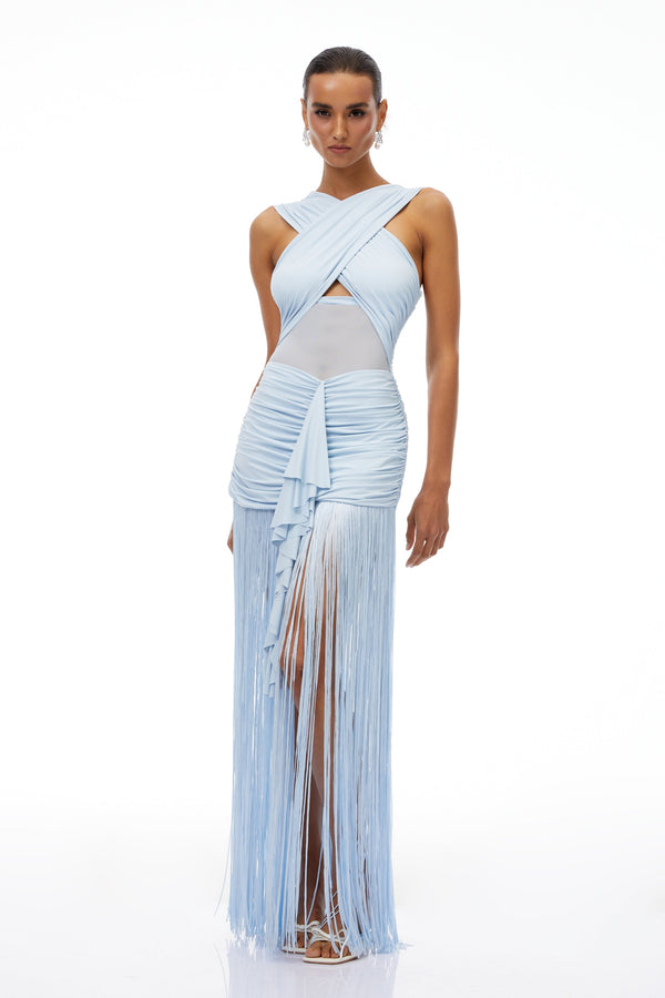 Bernadett Blue Fringed Ruched Maxi Dress