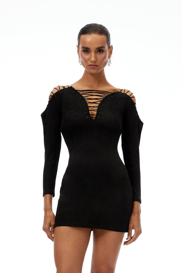 Quitterie Black Lace-Up Suede Mini Dress