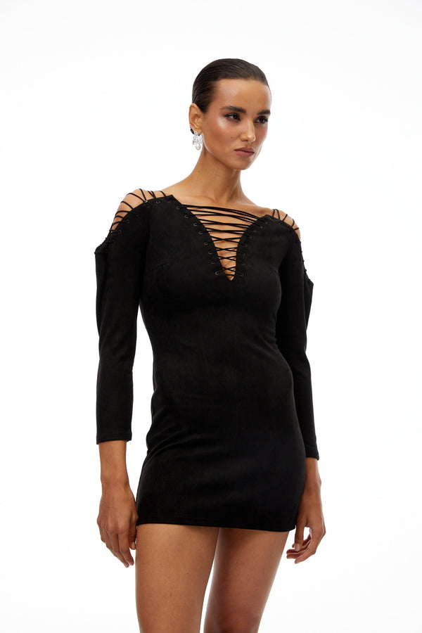Quitterie Black Lace-Up Suede Mini Dress