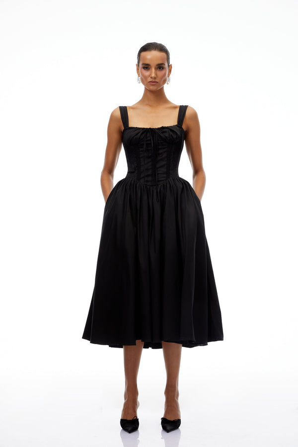 Bruyère Black Lace Trim Corset Midi Dress