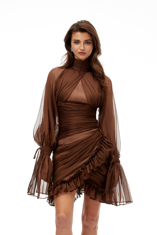 Jade Brown Ruched Tulle Mini Dress