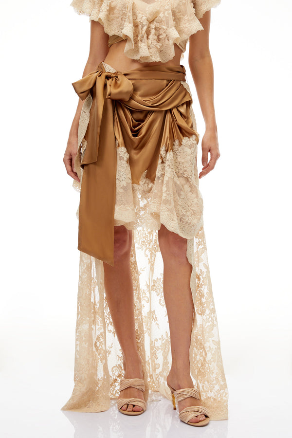 Pascale Neutral Asymmetrical Satin Panel Lace Skirt