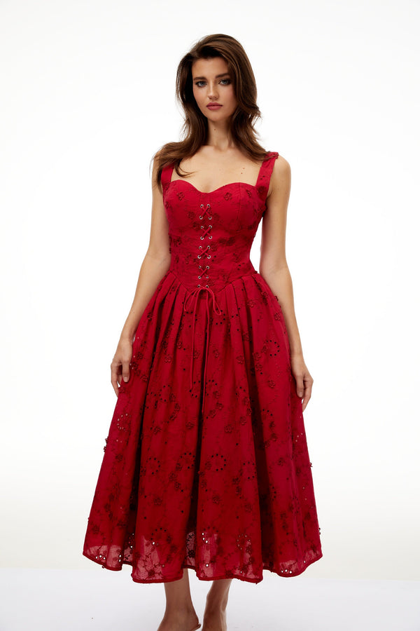 Panna Red Floral Embroidered Corset Midi Dress