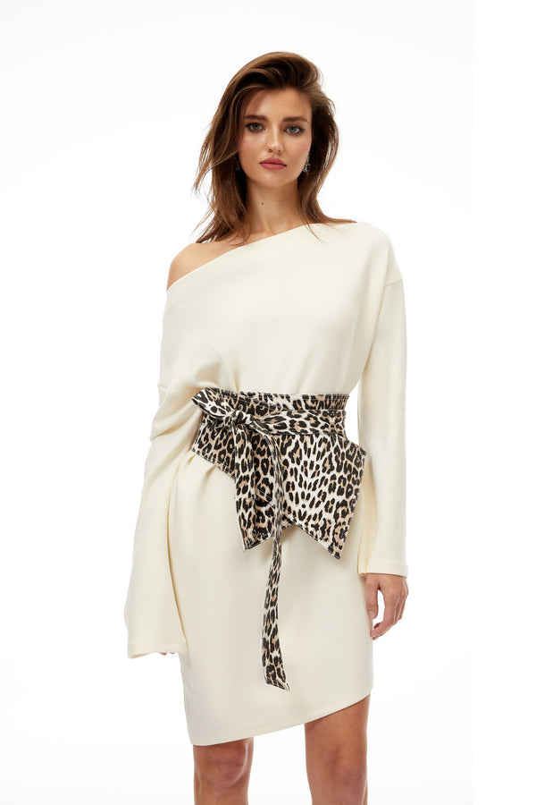 Gerta White Leopard Waistband Asymmetrical Mini Dress