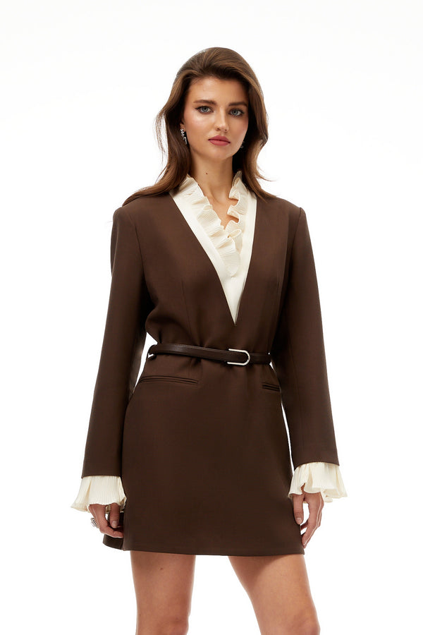 Agata Brown Ruffled Trim Mini Blazer Dress