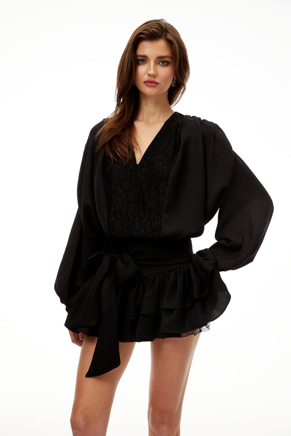 Victoire Black Lace Panel Blouse & Skirt Set