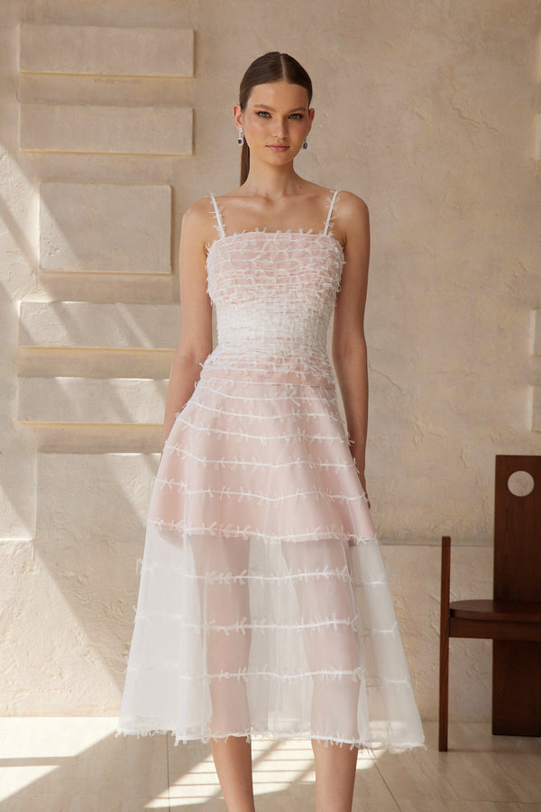 Eléonore White Creased Tulle Midi Dress