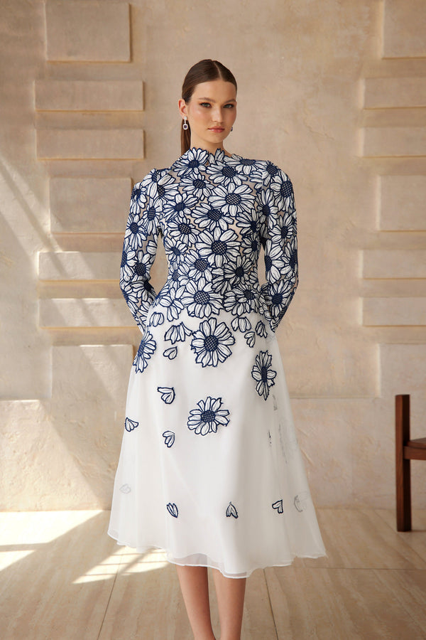 Caméo Blue Floral Embroidered Tulle Midi Dress