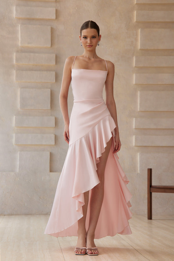 Léna Pink Asymmetrical Satin Midi Dress