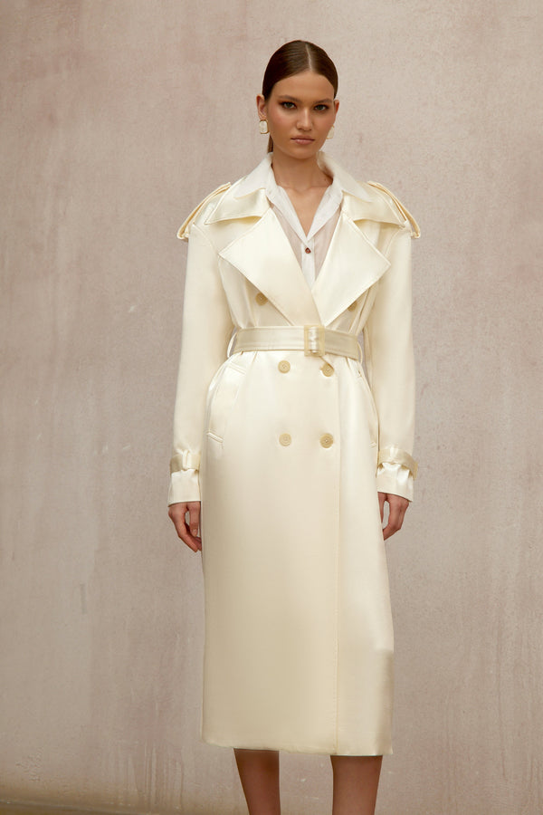 Amélie Cream White Satin Long Trench Coat
