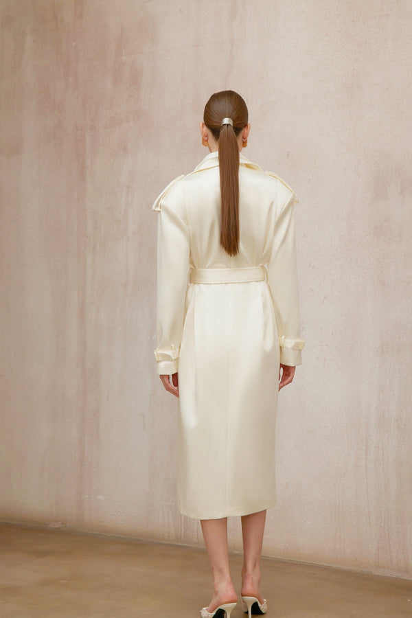 Amélie Cream White Satin Long Trench Coat