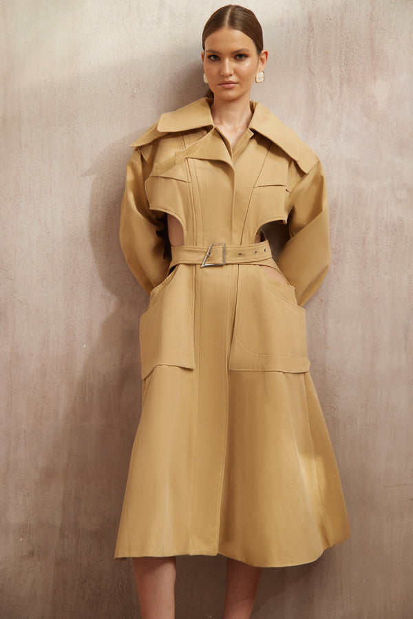 Pilar Neutral Cut Out Belted Long Trench Coat