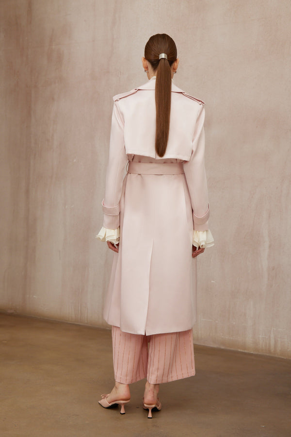 Caméo Pink Double-Breasted Satin Trench Overcoat