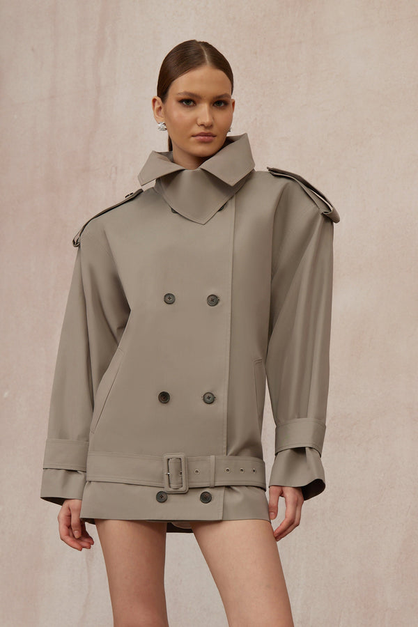 Mavis Grey Double-Breasted Belted Trench Coat