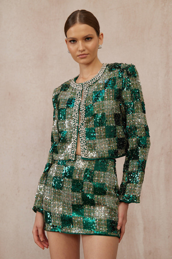 Raphaëlle Green Embellished Checked Tweed Matching Set
