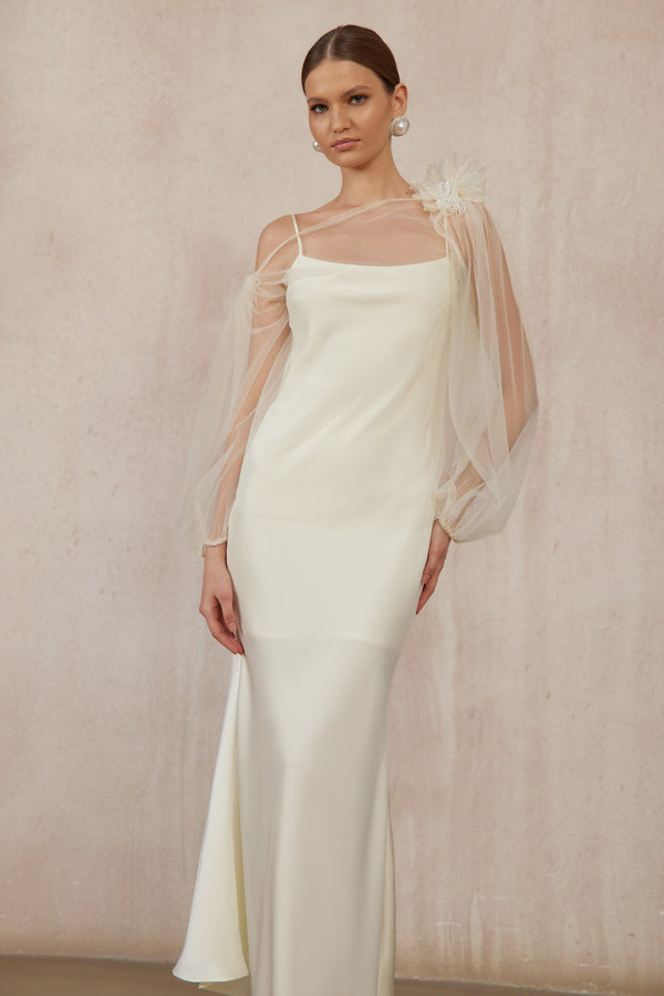 Héloïse White Floral Tulle Blouse & Satin Dress Set