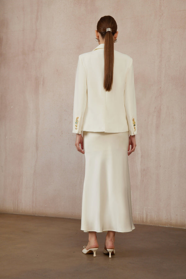 Rosalie White Asymmetrical Decorative Button Blazer