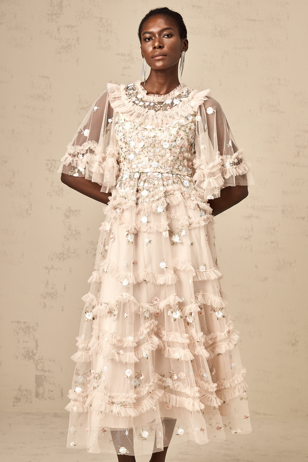 Kévina floral-embroidered tiered ruffled midi dress