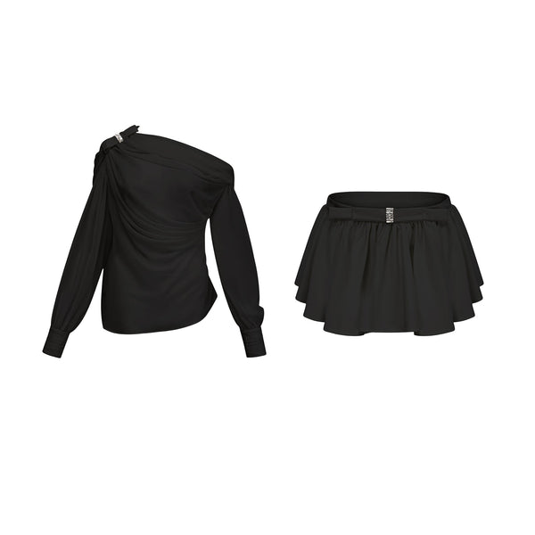 Andrea asymmetrical tulle blouse & skirt matching set in Black