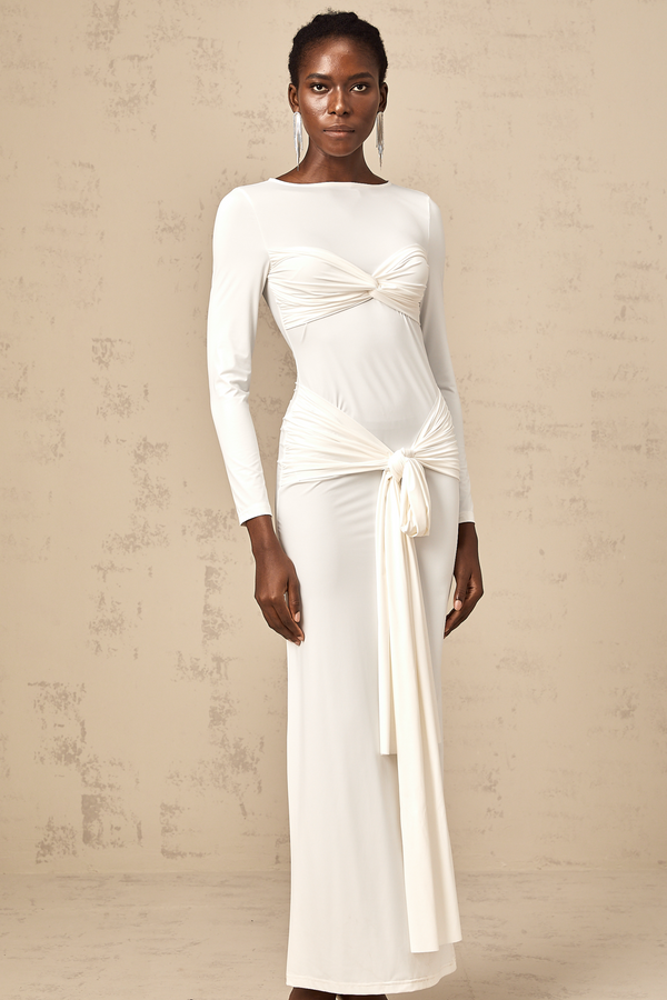 Elena white ribbon twist-detail ruched maxi dress (US Only)