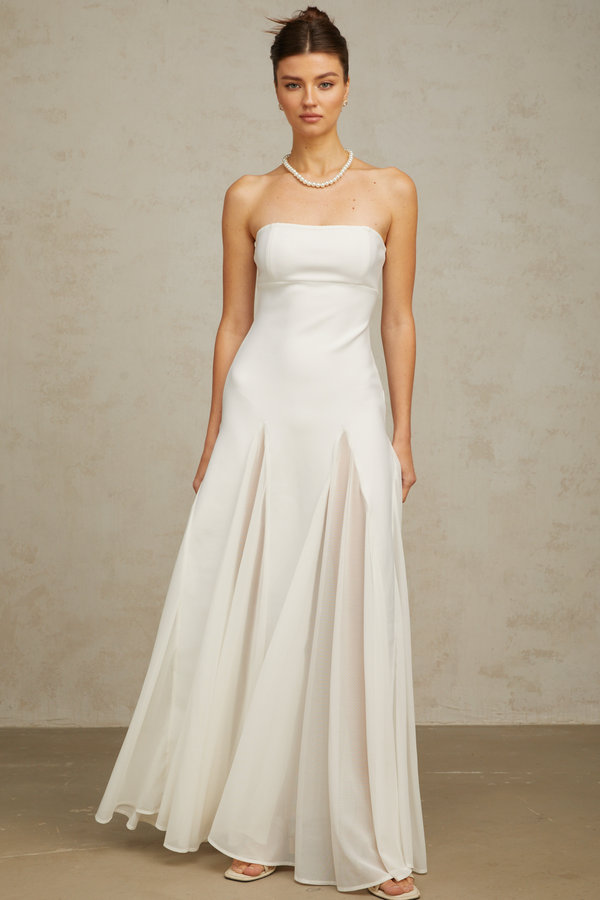 Nathalie white tulle-panelling maxi dress