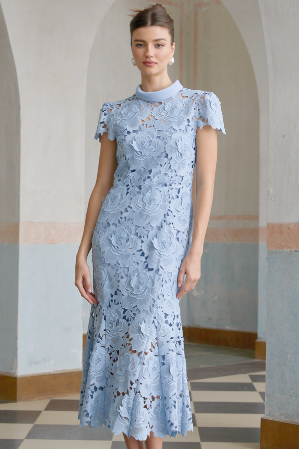 Aurore Blue Floral Appliqué Lace Midi Dress