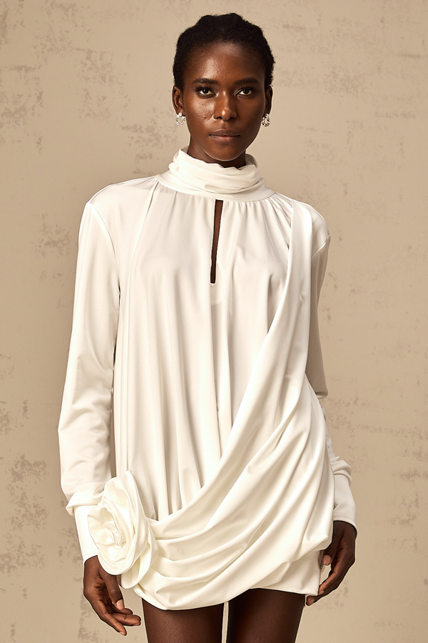 Maeva faux-flower ruched mini dress in White