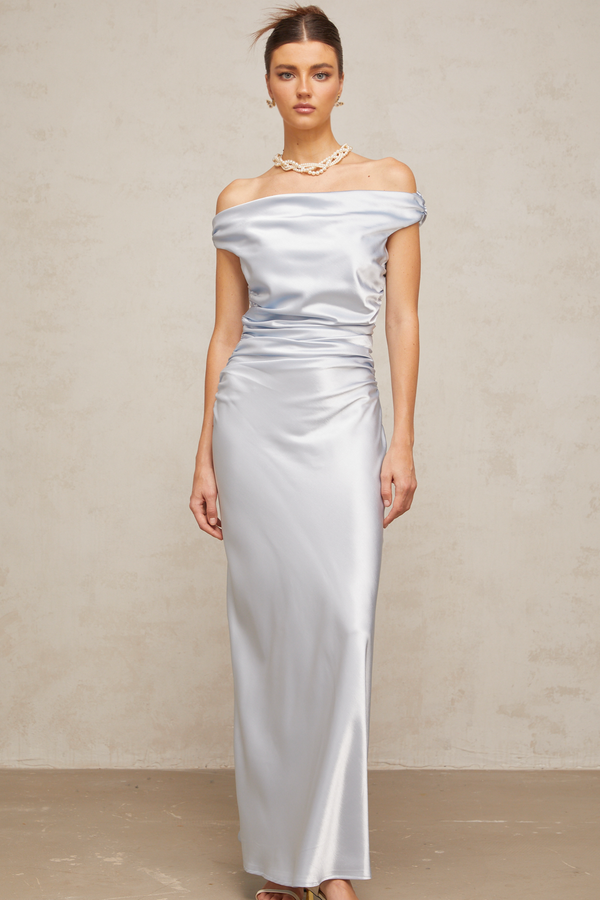 Amanda blue off-shoulder ruched satin maxi dress (US Only)