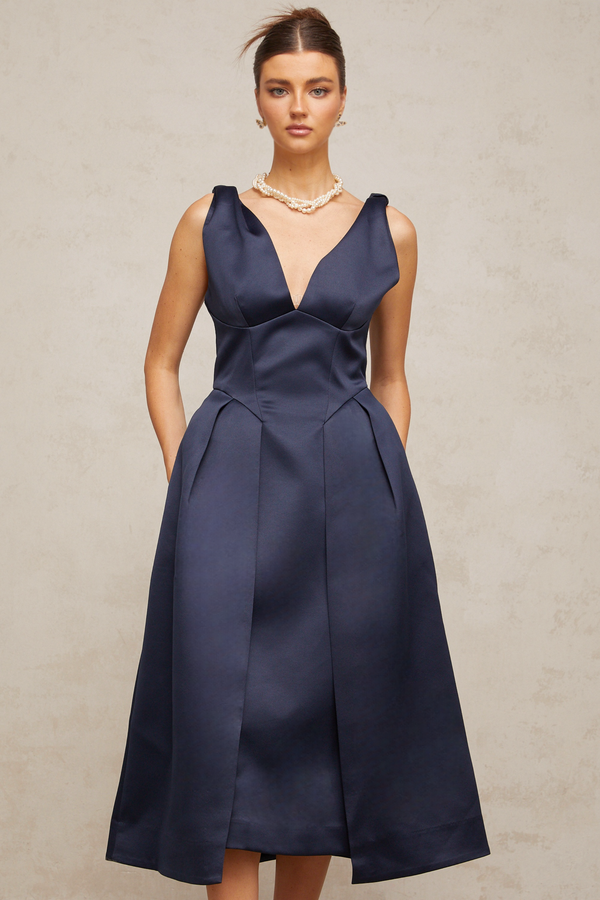 Chantale blue twist-detail satin midi dress