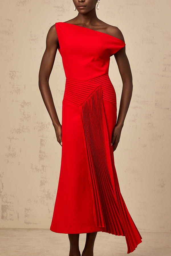 Laurine asymmetrical draped midi dress in Red