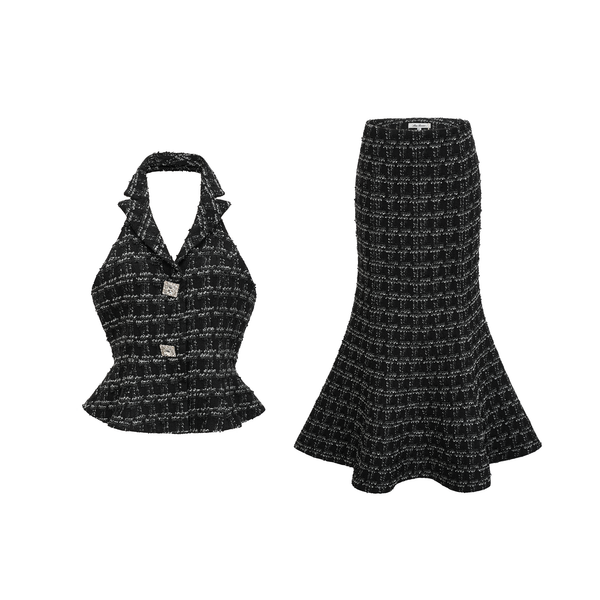 Axelle black checked tweed vest top & skirt matching set