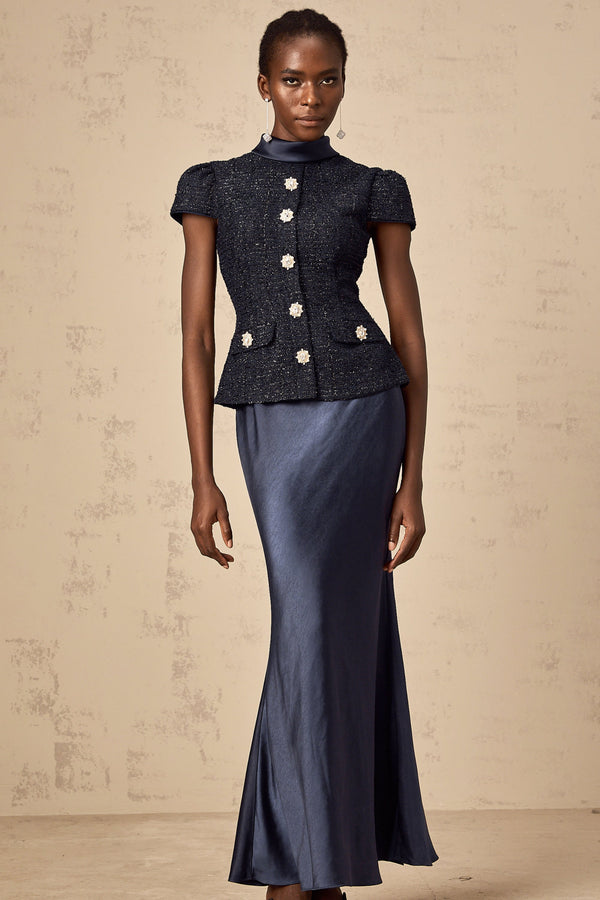 Josette blue peplum-waist panelled maxi dress