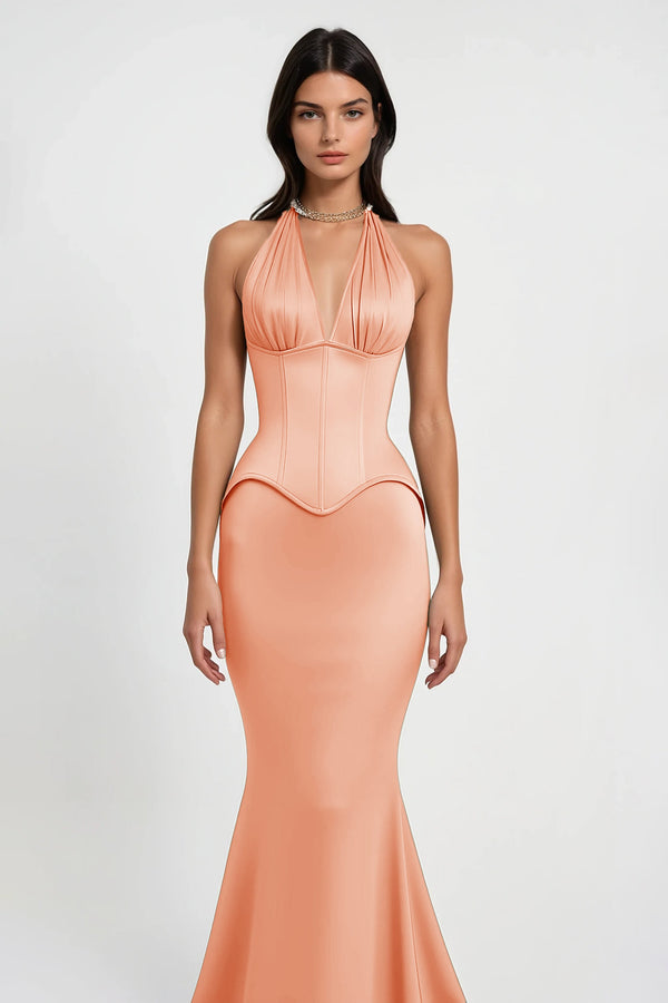 Aurélie Orange Halterneck Mermaid Maxi Dress