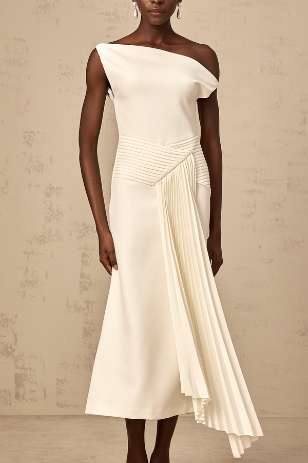 Laurine asymmetrical draped midi dress in White