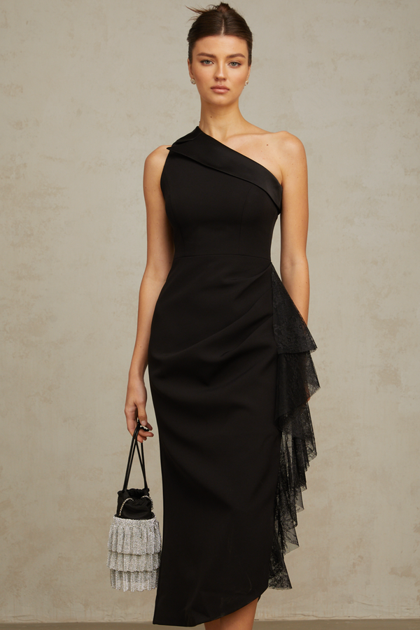 Bernadette black lace-panell asymmetrical midi dress (US Only)