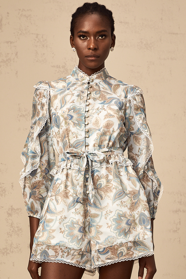 Eugénie blue lace-trim floral-print ruffled jumpsuit