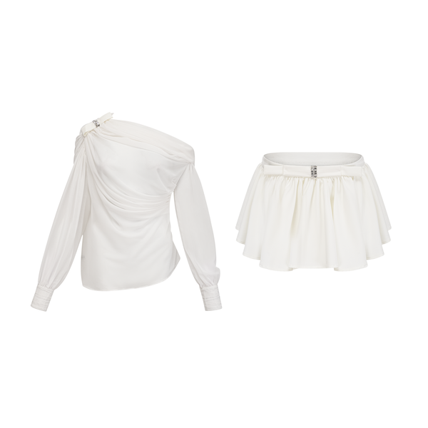 Andrea asymmetrical tulle blouse & skirt matching set in White