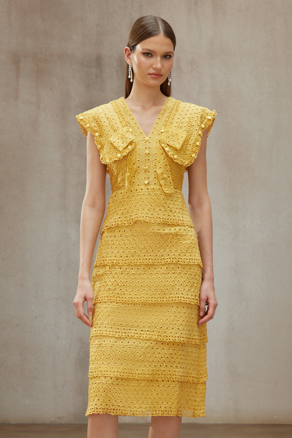 Fidji Yellow Layered Embroidered Midi Dress