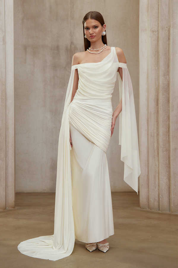 Aurianne White Asymmetrical Draped Maxi Dress