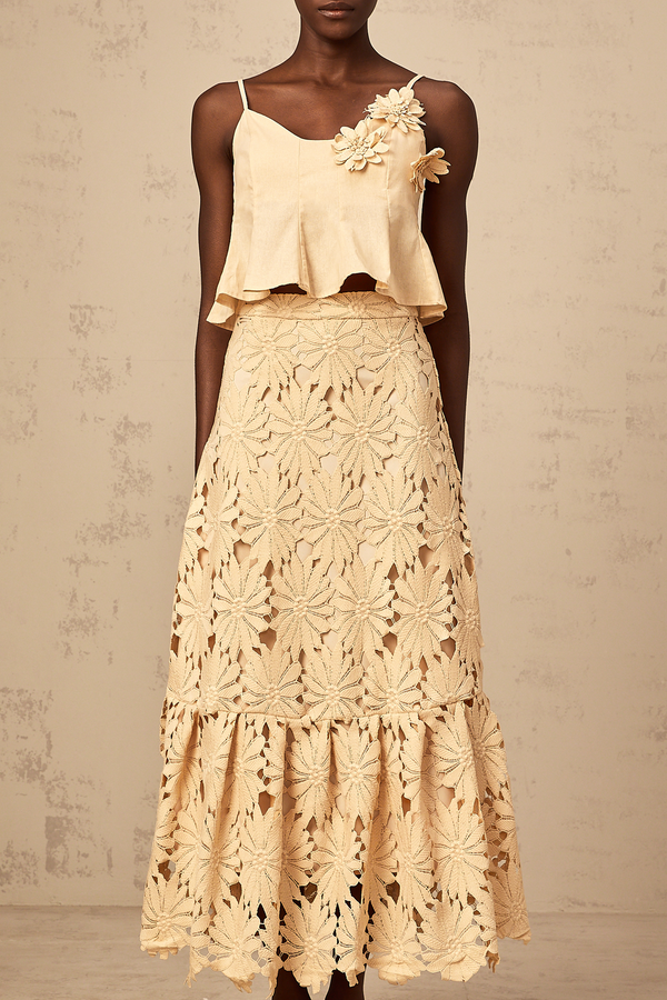 Céline khaki cut-out flared top & skirt matching set