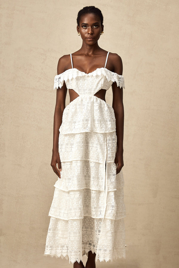 Genevieve white lace open-work midi dress (US Only)