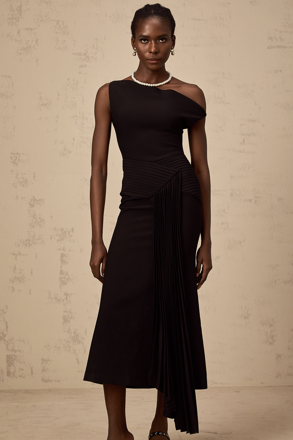 Laurine asymmetrical draped midi dress in Black (US Only)
