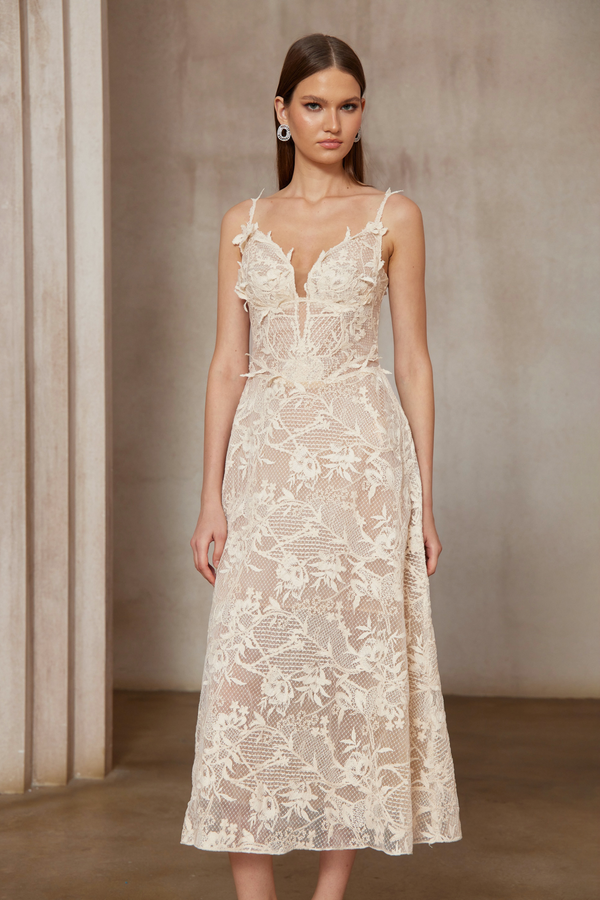 Amber White Sleeveless Floral Lace Midi Dress