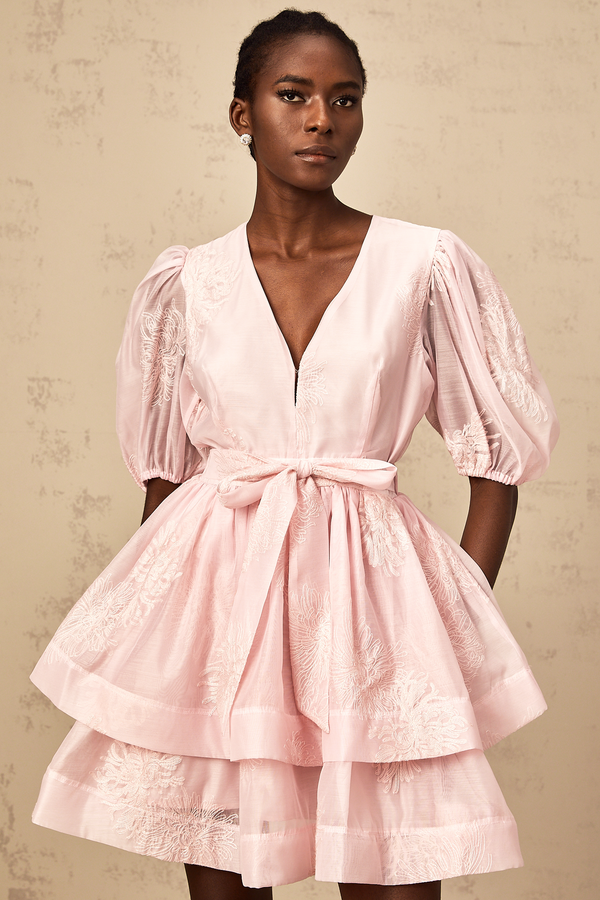 Florence pink floral-embroidered layered mini dress