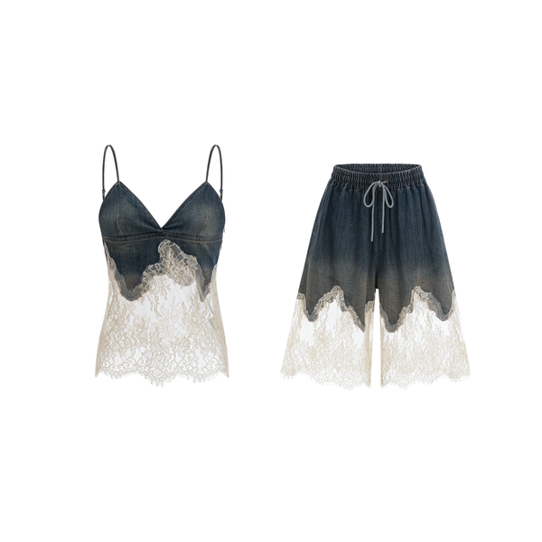 Sylvie lace-detail denim top & shorts matching set (US Only)