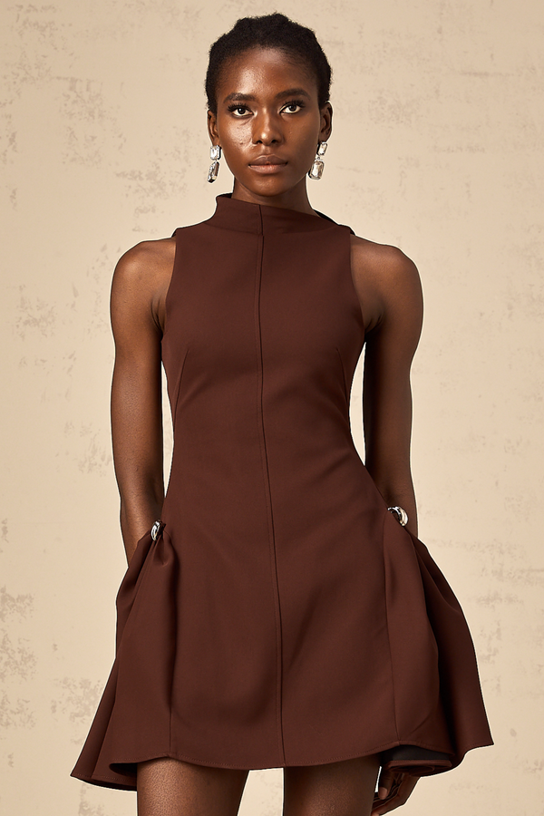 Jenifier brown asymmetrical-neck puff mini dress