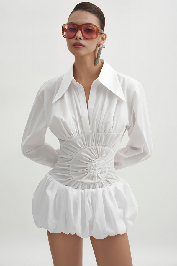 Marion White Ruched Mini Shirt Dress