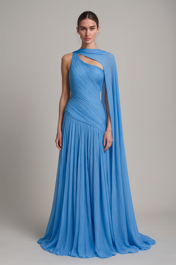Faustine Blue Cape Design Ruched Maxi Dress