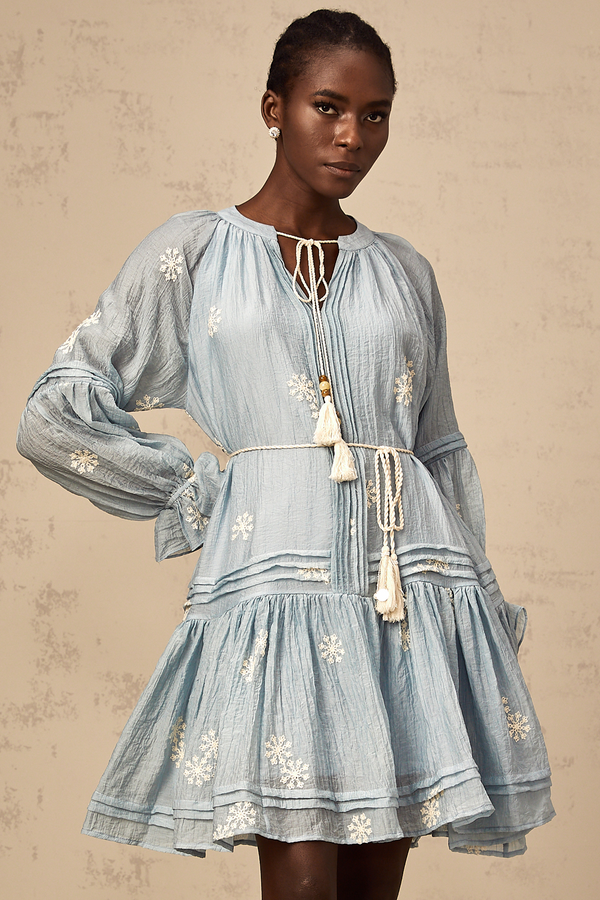 Félicie blue flower-embroidered mini dress