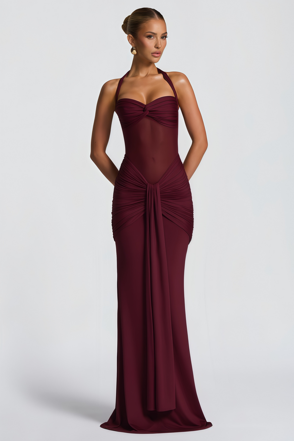 Amandine Burgundy Halterneck Gathered Maxi Dress